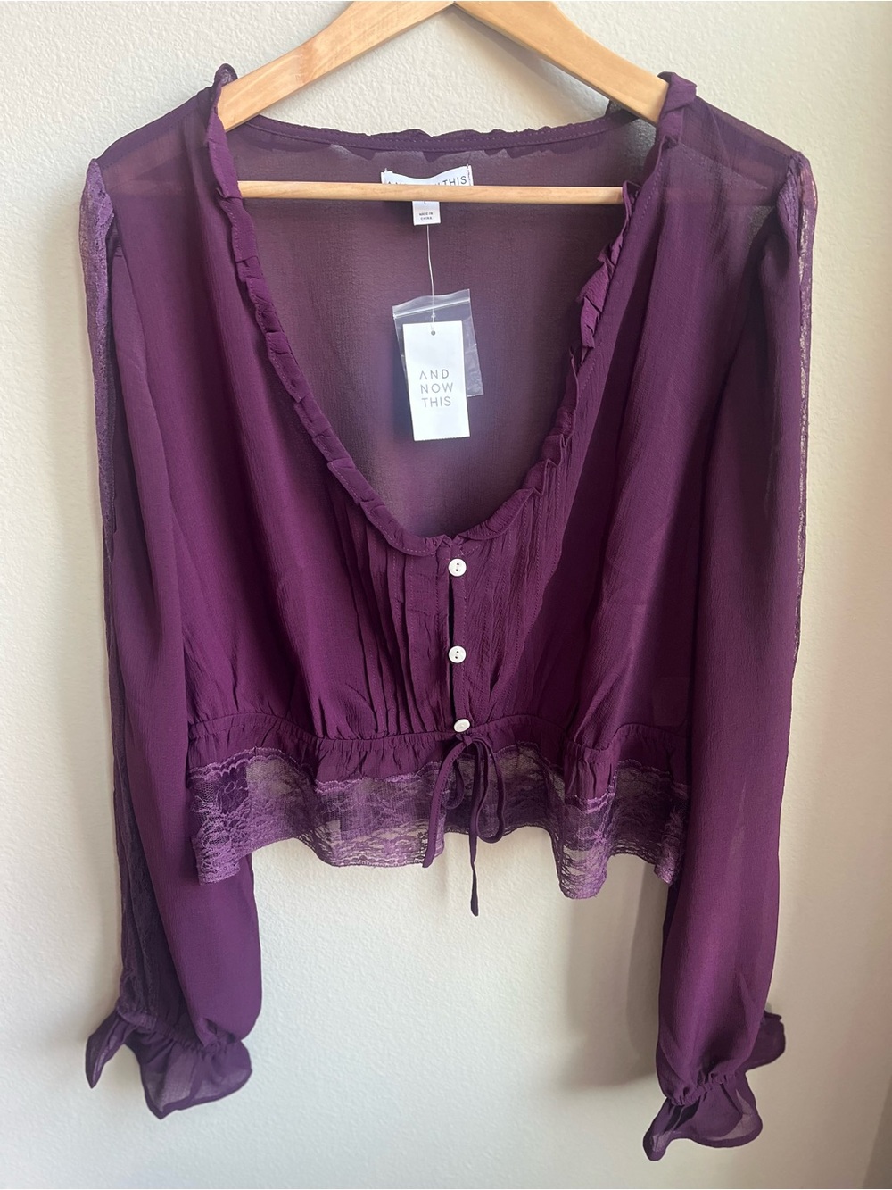 And Now This Women's Plum Sheer Lace Ruffle-Trim Crop Top Long Puff Sleeves - Picture 2 of 6